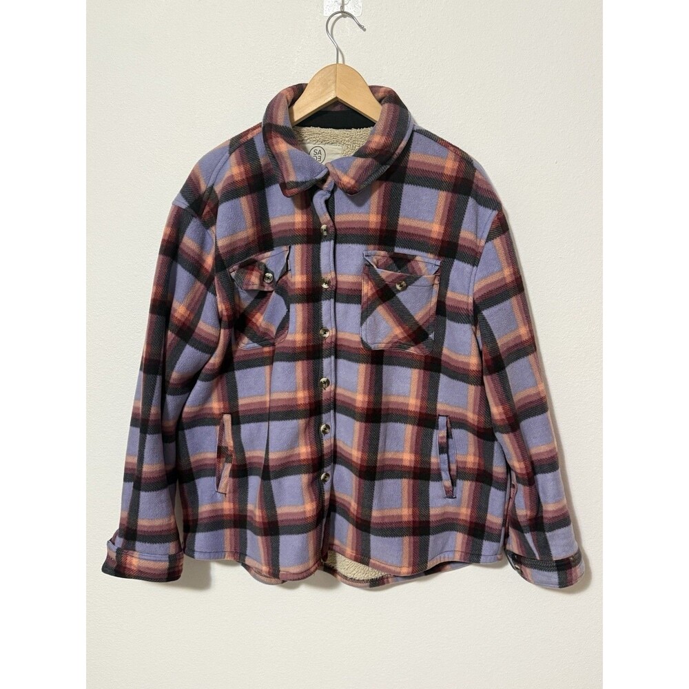 Sage Collective Sherpa-Lined Plaid Flannel Shacket  Jacket Womens Size XL Purple